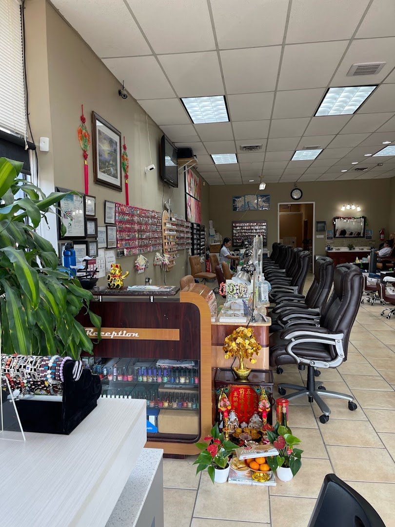 Pedicure chairs and polish displays.